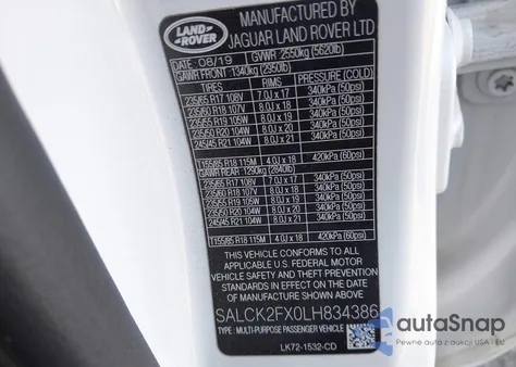2020 Land Rover Discovery Sport Standard from USA, damaged, VIN SALCK2FX0LH834386